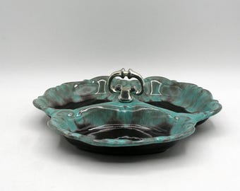 Vintage 1960s Turquoise Drip Glaze Divided Snack Dish, Silver Handle, Chatelaine Canada Studio Pottery 591, Retro Entertaining