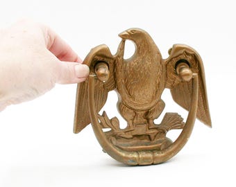 Vintage Brass Eagle Door Knocker, Made in Hong Kong Patriotic Front Door Hardware