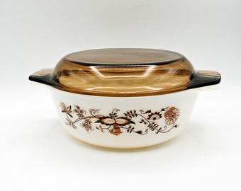 Vintage Pyrex JA Jobling brun lökgryta med lock, tillverkad i England mjölkglas, Retro Cottagecore Kitchen, 1970-talets köksredskap