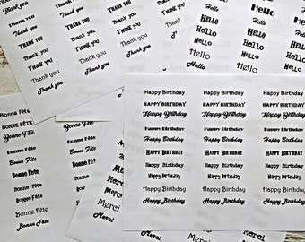 Digital sentiment English and French word sheets, happy birthday, bonne fête, Thank you, Merci, Hello, Bonjour