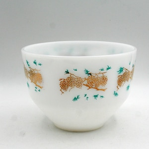 Bol vintage de cristal de leche con piñas doradas y turquesa: Cocina retro, Federal Glass USA