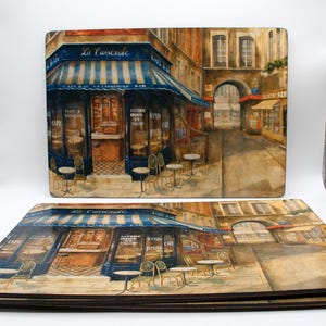 Juego de 5 manteles individuales impresionistas vintage con base de corcho, pintura francesa de París con temática de La Casserole Café firmada por Fabrice de Villeneuve.