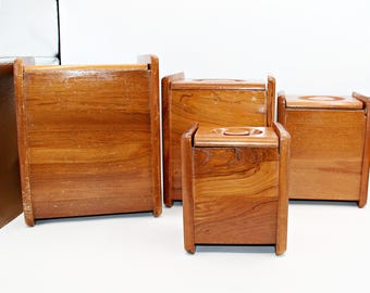 Vintage rustiek houten bus set van 4 | Boerderij huisje keuken voorraadpotten | Cottagecore-decor