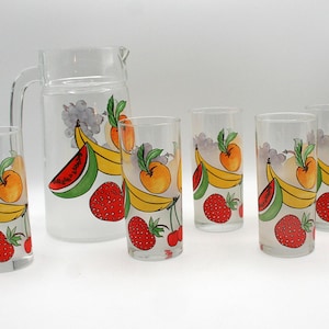 Vintage 80s France Dartington frosted fruit design glass pitcher carafe and glass barware set , Entertaining pitcher and 5 juice glass set