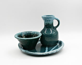 Vintage Canuck Pottery Teal Drip Glaze Sugar & Creamer Set with Tray, MCM Canadian Studio Ceramic Tea Service, Turquoise Glaze Gift