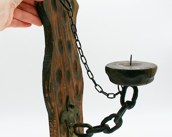 Vintage Mid Century Spanish Gothic Wall Sconce – Hand Carved Wood & Cast Iron Candle Holder, Medieval Castle Core Decor