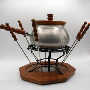 Vintage classic 1970s stainless steel fondue pot with a wood base and wood handle and 6 forks Modern Mid Century Retro Dinner Party Bohemian