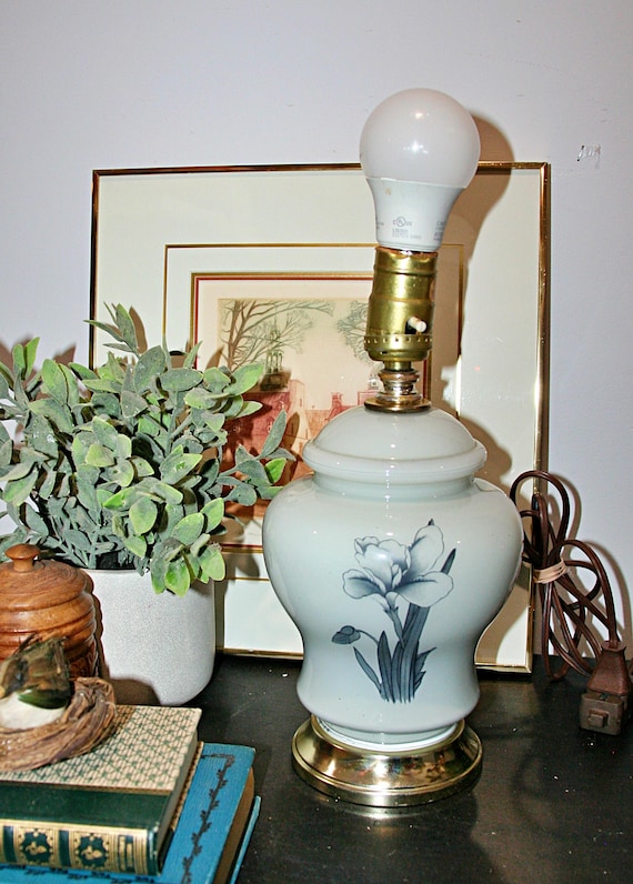 Vintage 1980s Blue Reverse Painted Glass Table Lamp, Floral Iris Ginger Jar Light, Cottagecore Decor, Retro Coquette Room Decor