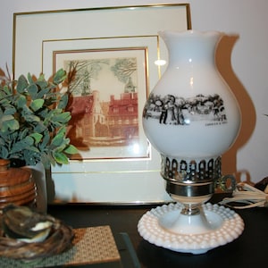 Vintage Milk Glass Hurricane Lamp | Mid Century Hobnail Table Light | Currier and Ives Black Transferware Retro Cottagecore Nightstand Decor