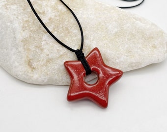 Large Red Lucky Star Necklace, Black Cord Choker, Ceramic Pendant, Chunky Bead Necklace, Statement Jewellery, Greek Star Bead Necklace