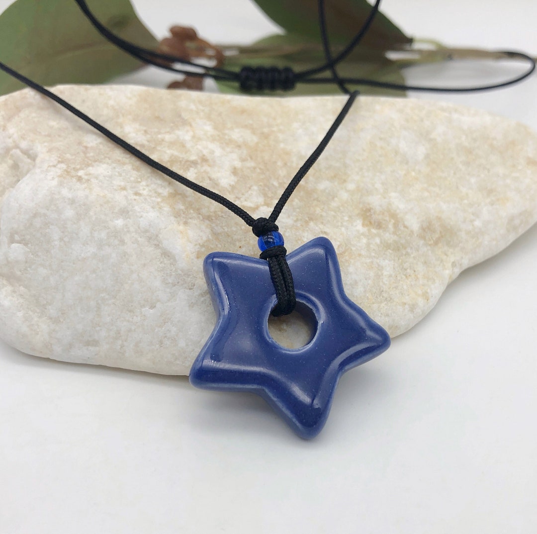 Large Blue Lucky Star Necklace, Black Cord Choker, Ceramic