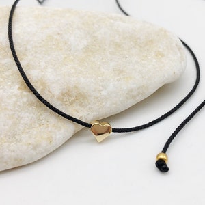 Gold Heart Boho Choker, Black Cord Necklace, Adjustable 18K Gold Plated Heart Necklace, Hippie Necklace, Birthday Gift