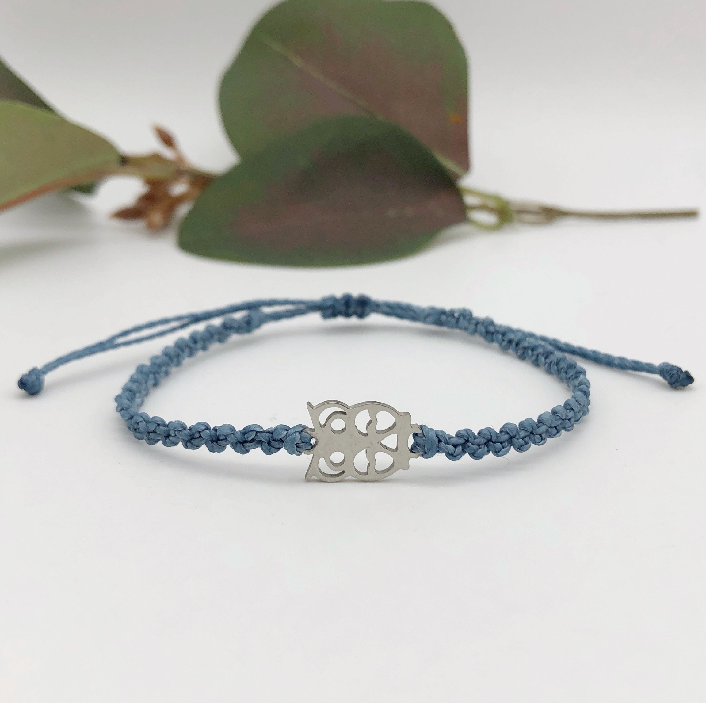 Silver Owl Bracelet: Denim Blue Braided Cord Bracelet, Adjustable Boho Charm