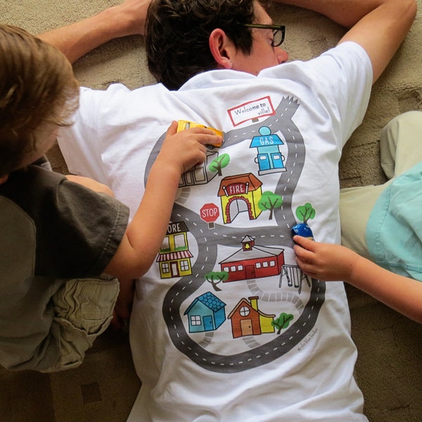 Car Play Shirt (Size XL) - Full color map for kids to drive cars on while daddy relaxes, Father's Day gift