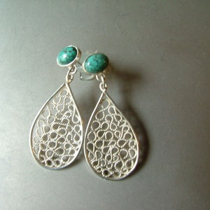 Earrings Dangle: Sterling Silver Teardrop Filigree with 8x6 oval turquoise cabochon