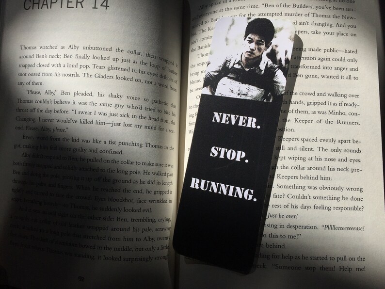 minho never stop running bookmark the maze runner quote etsy
