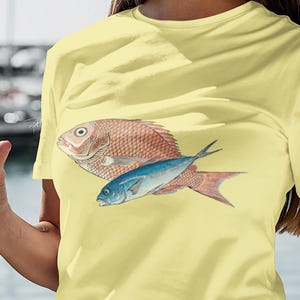 Färgglad fiskgrafik-t-shirt, snapperfisk, makrillfisk, japansk konstt-tröja, Ando Hiroshige, strandtröja, semestertröja, nautisk t-shirt