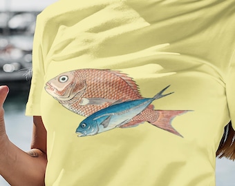 Buntes Fisch-Grafik-T-Shirt, Schnapperfisch, Makrelenfisch, Japanisches Kunsthemd, Ando Hiroshige, Strandhemd, Urlaubshemd, Nautisches Hemd