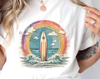 Vintage Surfing Shirt, Retro Ocean Vibes, Beach Shirt, Gift For Surfers, Unisex Tee, Rainbow Shirt, Retro Vibe, Vacation Shirt, Cruise Shirt