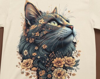 Komfortfärger-skjorta, blommig kattgrafik-t-shirt, katt i vintagestil, unisex-skjorta, kattälskare-present, present till henne, present till honom, kattkonst, födelsedag