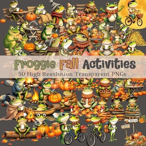 May include: A digital illustration titled "Froggie Fall Activities" featuring numerous cartoon frogs engaged in autumn activities. Frogs are depicted with pumpkins, bicycles, and reading books. The image includes text: "50 High Resolution Transparent PNGs."