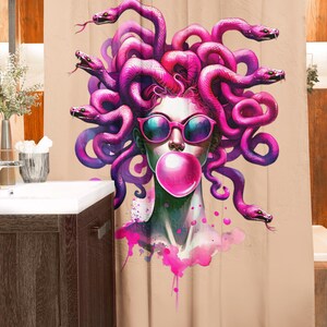 May include: A shower curtain featuring a vibrant illustration of Medusa with snakes for hair, wearing pink sunglasses and blowing a bubblegum bubble. The graphic is set against a beige background. Text at the bottom reads: Graphic will not have a watermark.