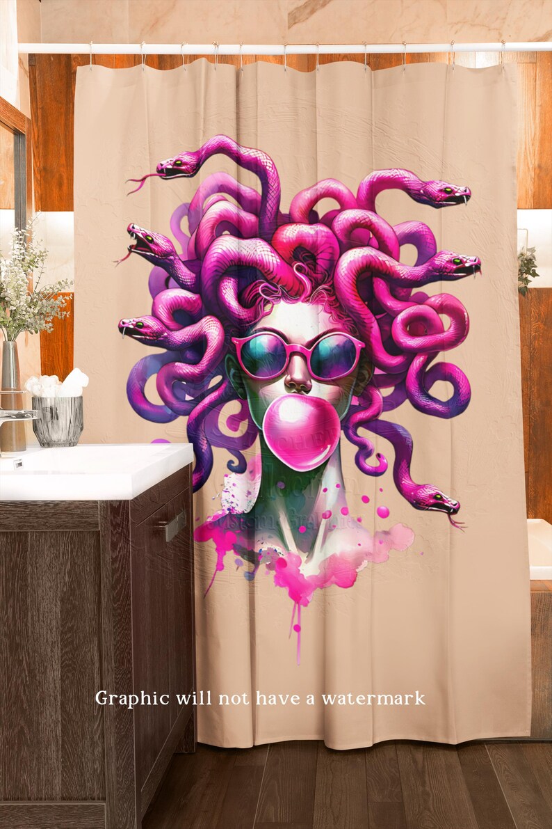 May include: A shower curtain featuring a vibrant illustration of Medusa with snakes for hair, wearing pink sunglasses and blowing a bubblegum bubble. The graphic is set against a beige background. Text at the bottom reads: Graphic will not have a watermark.