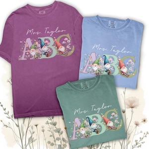 Personalized Gnome ABC Tee Teacher Shirt, Comfort Colors, Custom Name Shirt,  Back to School Teacher Shirt, Teacher Gift, Whimsical Tshirt