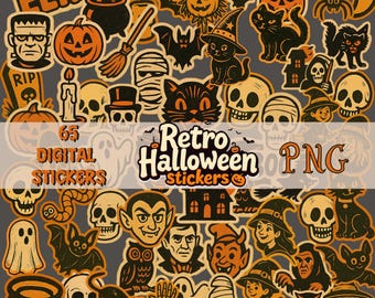 Retro Halloween Digital Sticker Bundle, PNG Download, Journal Supplies, Teacher Gift, Journaling Supplies, Digital Bundles, PNG Stickers