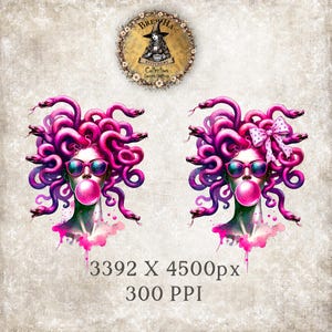 May include: Digital art print featuring two Medusa-like figures with pink and purple snake hair, sunglasses, and bubblegum. The image includes a circular logo with a witch illustration and the text "BrewHa Stitchery Collection".