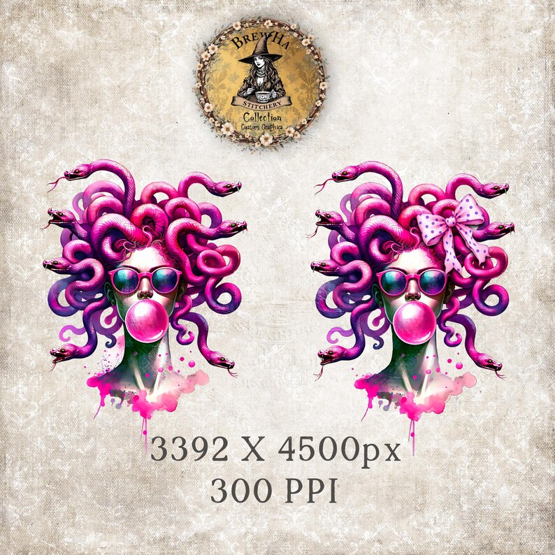 May include: Digital art print featuring two Medusa-like figures with pink and purple snake hair, sunglasses, and bubblegum. The image includes a circular logo with a witch illustration and the text "BrewHa Stitchery Collection".