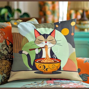 Cat Eating Ramen Pillow, Cat Mom Gift, Cat Lover Gift, Gift For Her, Gift For Wife, Gift For Mom, Funny Cat Art, Kawaii Art, Gift For Teen