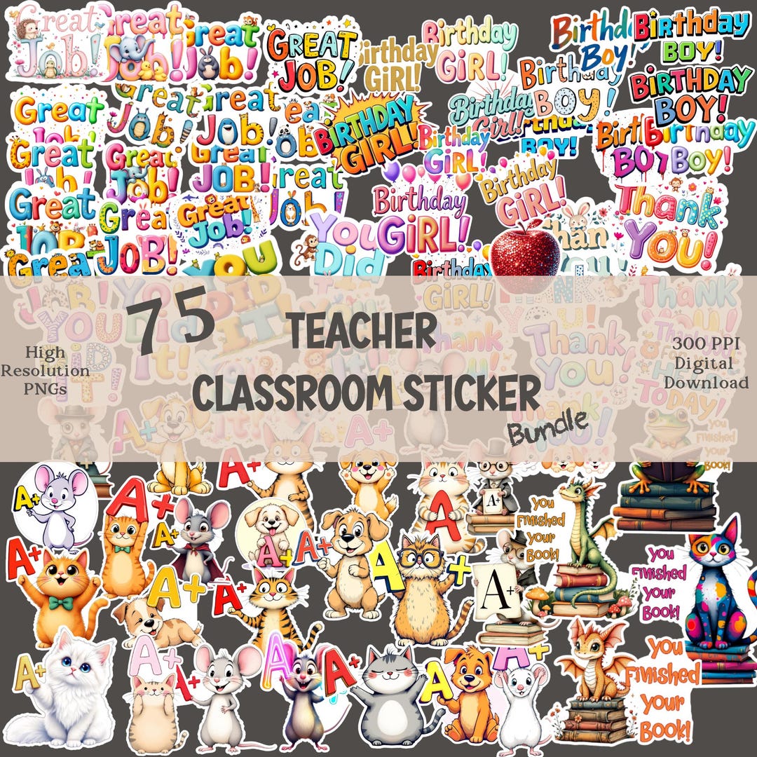 Teacher Sticker Bundle, PNG Bundle, 75 Printable Classroom Stickers ...