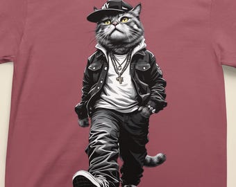 May include: An illustration of a cat dressed in a black leather jacket, baseball cap, and silver chain. The cat is wearing a white hoodie, black jeans, and black and white trainers. The cat is walking forward, with a confident pose. The cap has a "NY" logo.
