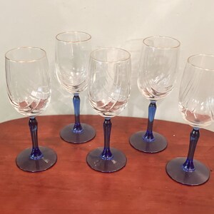 Libbey&#39;s Crystal Bowl Blue Stem Wine Glasses, 6 Swag Drape Glasses by Libbey&#39;s/Hollywood Regency Era Wine Glasses