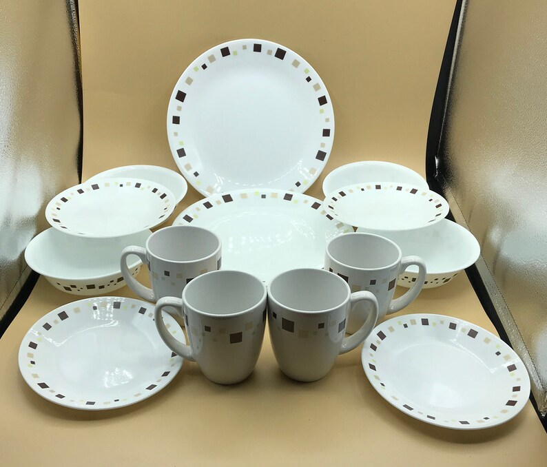 Corelle Vitrelle Geometric Brown Square 16 Piece Dinnerware Service for