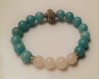 Amazonite Jade and White Stretch Bracelet Large Luscious 10mm Gemstone