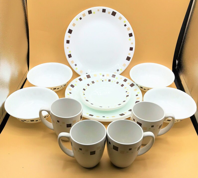Corelle Vitrelle Geometric Brown Square 16 Piece Dinnerware Service for