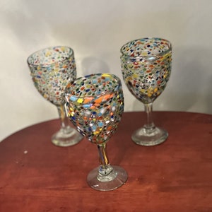 Vintage Hand-Blown Glasses Water or Wine Glasses/ Set of Two Multi-Colored Peebles Glasses/Tall, Large Bowl Glasses