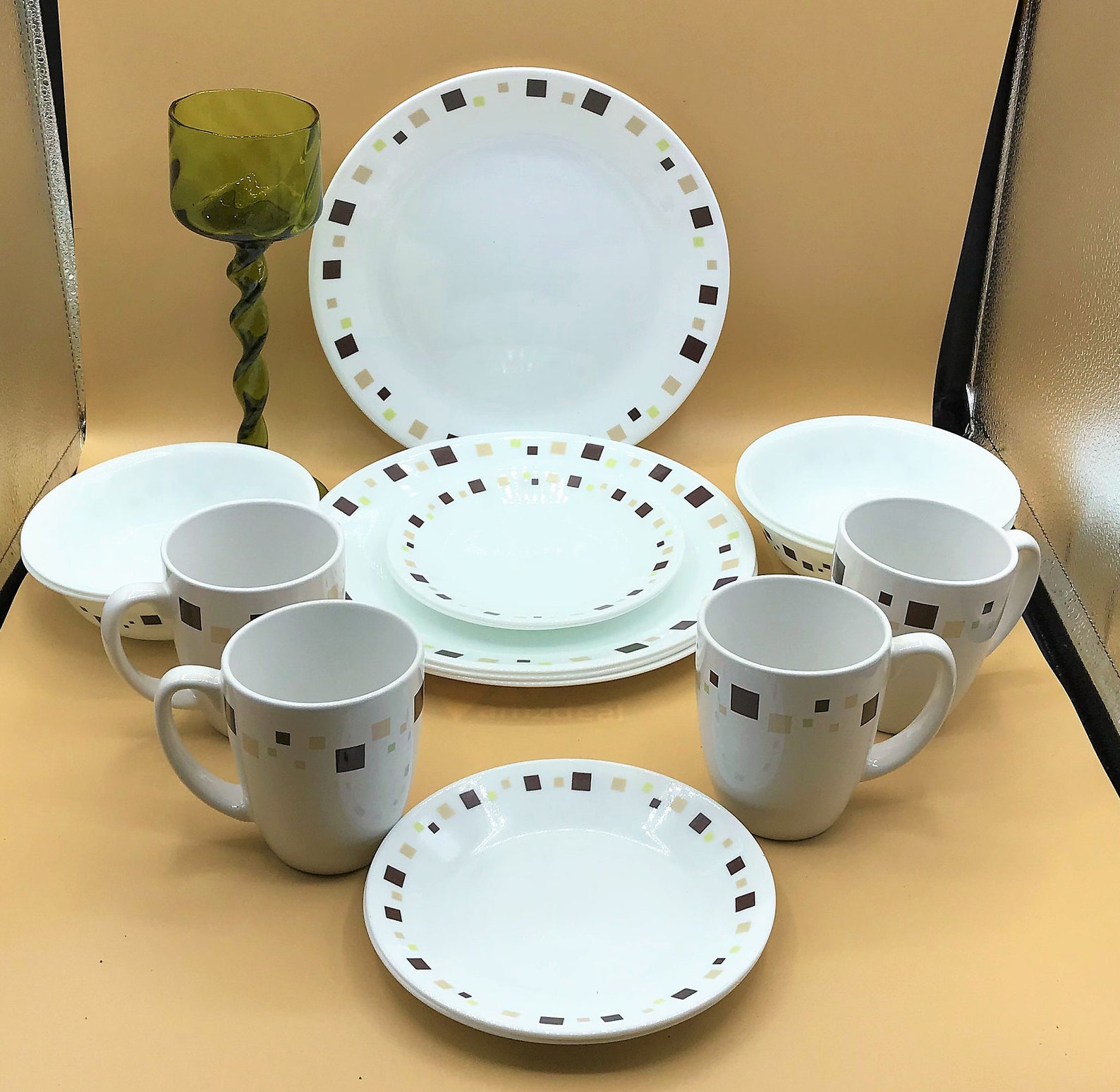 Corelle Vitrelle Geometric Brown Square 16 Piece Dinnerware Etsy
