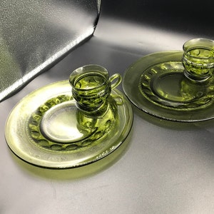 Indiana Glass King Crown Plates and Cups/Olive Green Thump Print Pattern Large Lunch Plate/1 Plate and Cup Sets Elegant Valentine&#39;s Gift Set