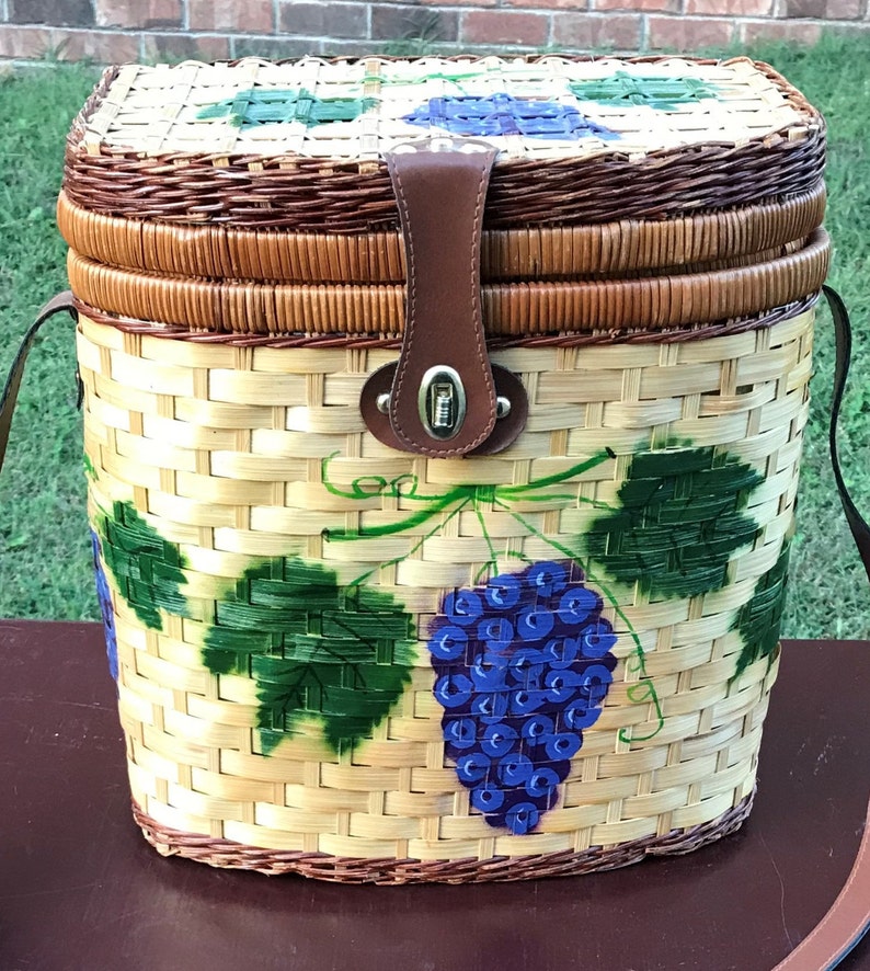 Hand Painted Wicker Picnic Basket With Leather StrapWicker Wine and Food Basket Wicker Food Storage BasketWine Storage Basket
