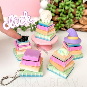 Pastel Rainbow Book Stack Clicky Fidget Keychain | 3D Printed Mini Book Fidget | Choose Your Design | Witch Hat, Dragon, Cat, Mug, Skull