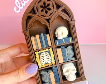 Gothic Miniature Bookshelf Clicker | Dark Academia Decor | Spooky Shelf Fidget | Tiny Skull Book Nook | 3D Printed Desk Toy
