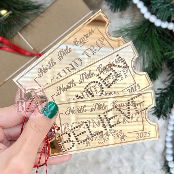 North Pole Express Ticket Ornament | Personalized Gold Mirror Acrylic | Christmas Keepsake | Holiday Tree Decoration | Stocking Tag