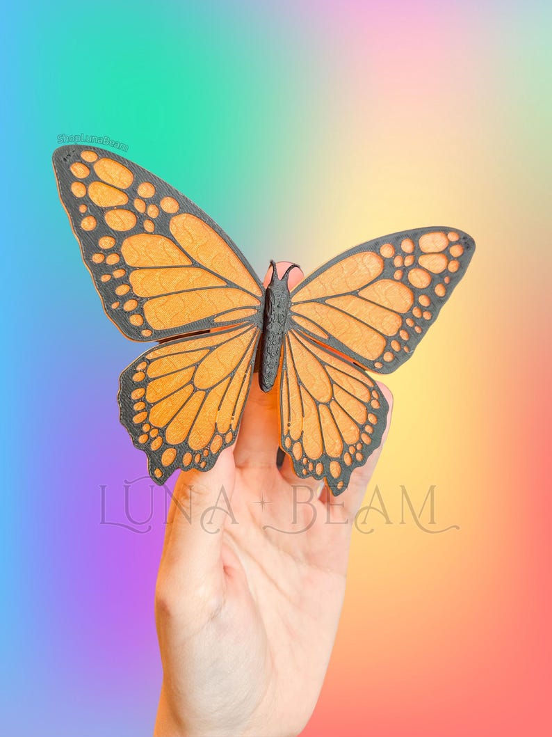 May include: An orange and black butterfly with detailed wing patterns, set against a rainbow gradient background. The image includes the text "LUNA + BEAM".