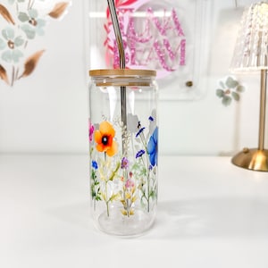 Floral Glass Iced Coffee Cup with Lid & Straw: 20oz UV DTF Design