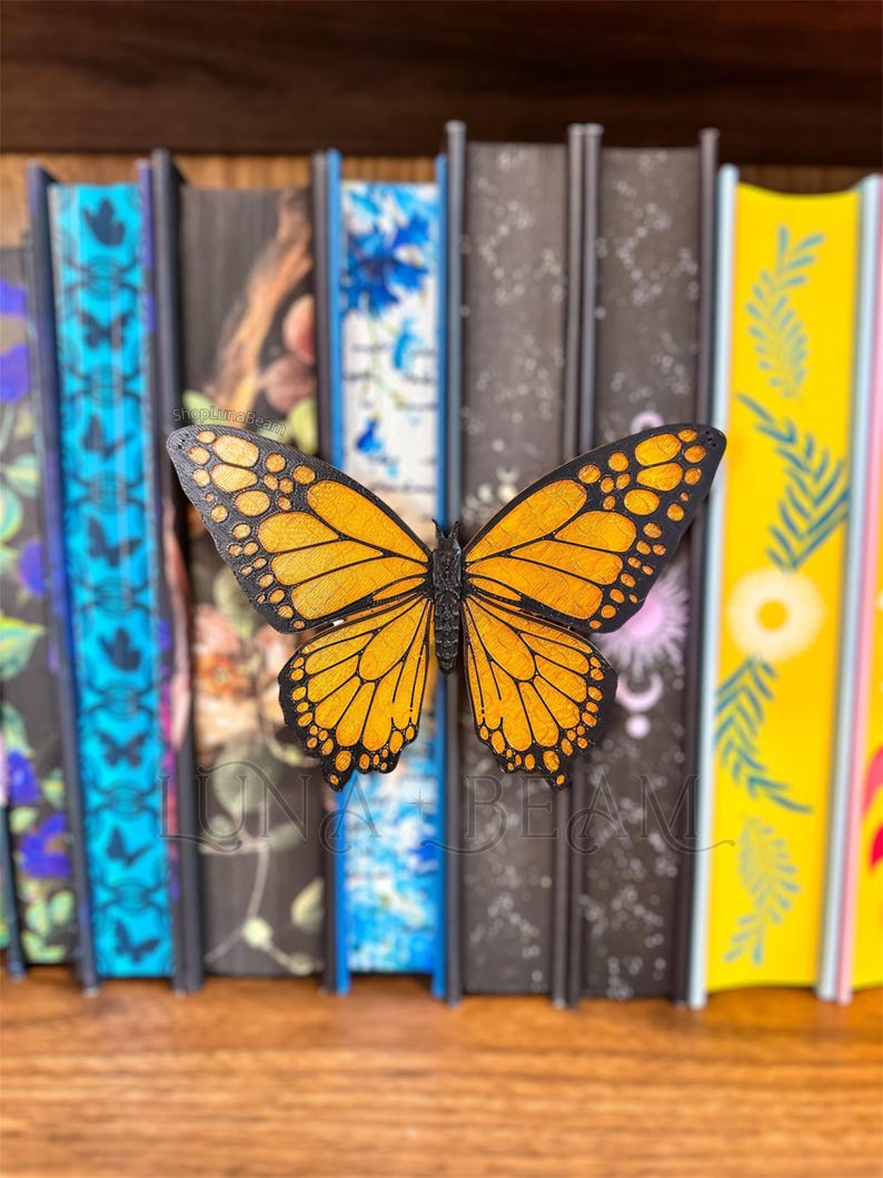 Monarch Butterfly Spine Hugger - 3D Bookshelf Decor, Bookish Accessories, Acrylic Book Tag Charm Ornament, Library Decor, Bookish, Booktok image 1