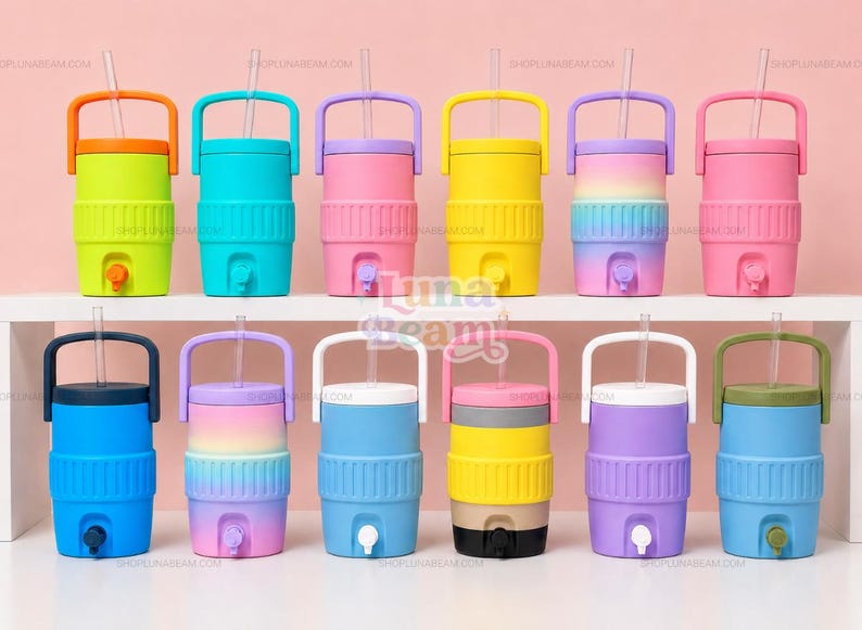 May include: A selection of brightly coloured water coolers, each with a handle and straw. The coolers are in shades of green, blue, pink, yellow, and purple. Each has a tap for dispensing liquids.