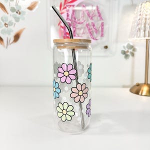 Floral Glass Iced Coffee Cup with Lid & Straw: 20oz UV DTF Design